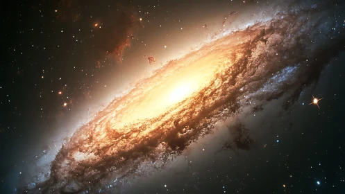 Spiraling galaxy glows with golden light in deep space