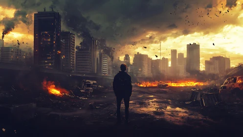 Solitary figure in burning urban skyline at dusk.