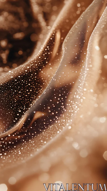 Macro shot of dew on translucent golden fabric folds