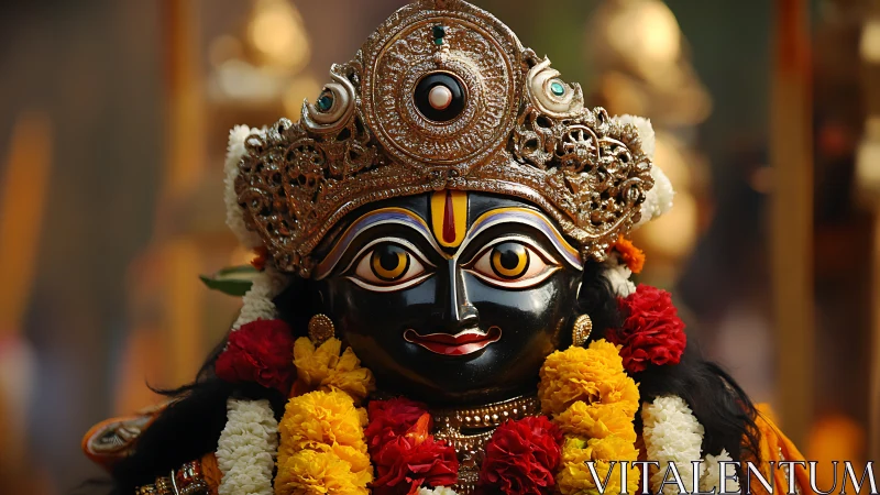 Ornate black deity idol with floral garlands and jeweled crown.