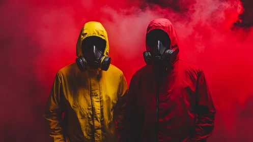 Hooded figures in respirators against dense red smoke field.