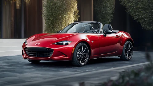 Crimson roadster lounges under soft urban evening glow.