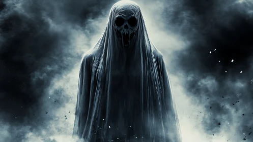 Ghostly figure rises from swirling mist in haunting silence