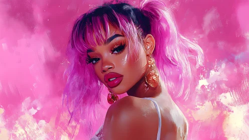 Digital portrait shows pink-haired woman against abstract pink field