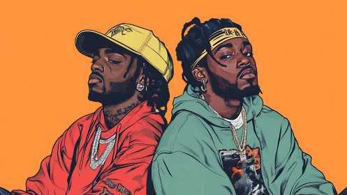 Dual hip-hop portrait captures bold streetwear and attitude.