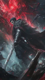 Dark armored swordsman under raging crimson storm.