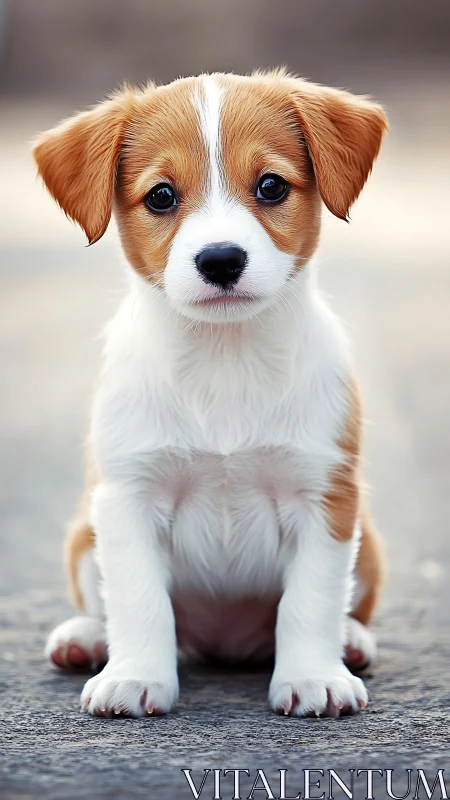Brown white puppy portrait on outdoor pavement background.