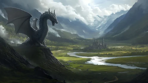 Dragon overlooking castle valley in misty mountain landscape.