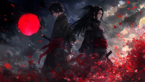 Dual samurai silhouettes beneath crimson eclipse sky.