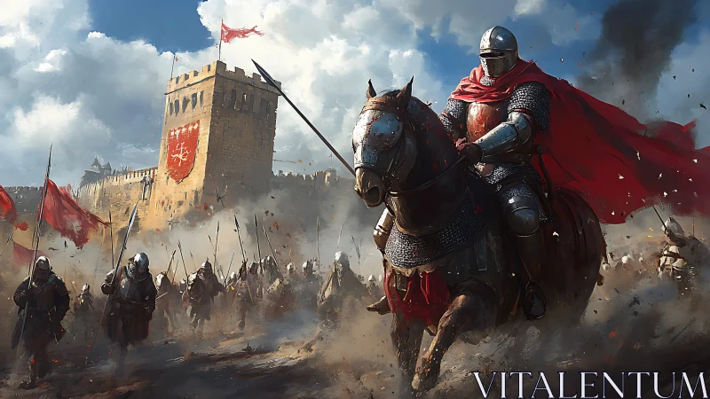 Crimson-caped knight leading a storming charge on fortress walls.