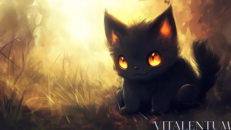 Enchanting Black Kitten with Glowing Golden Eyes in Mystical Light