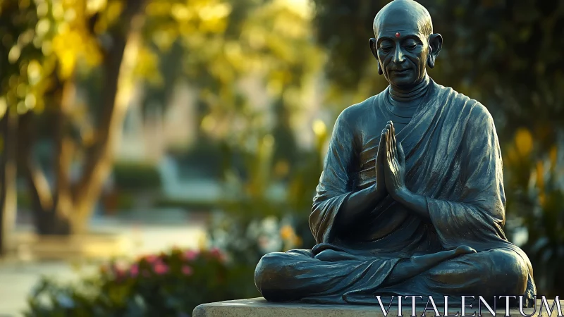 Peaceful monk statue welcomes quiet moments of reflection