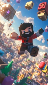 Blocky adventurer leaps through vibrant voxel skyline.