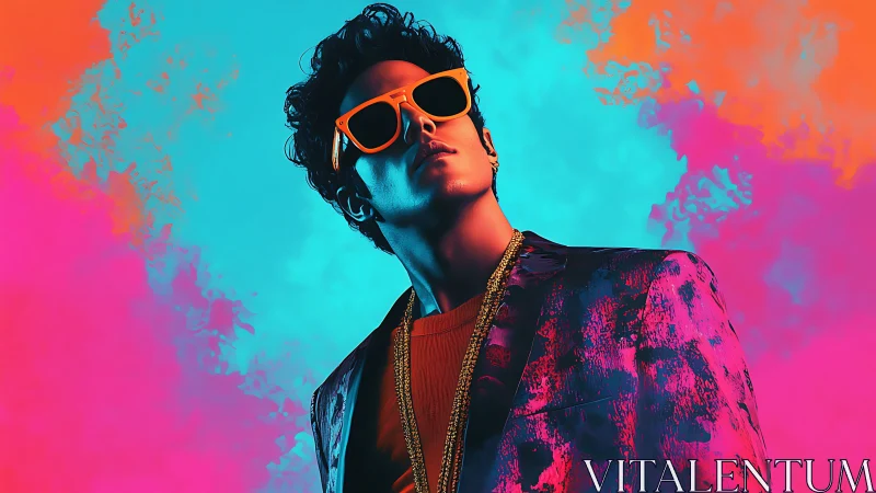 Stylized portrait of man in neon jacket and sunglasses.
