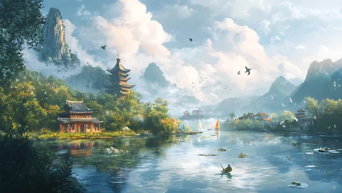 Serene pagoda lake with misty karst mountains and sailing boats.