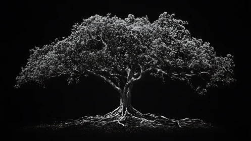Monochrome arboreal structure with exposed radial root network.
