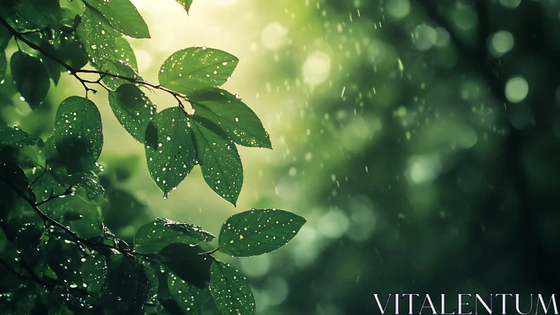 Sunlit raindrops rest softly on fresh green forest leaves