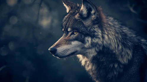 Lateral wolf portrait in low key, bokeh forest background.