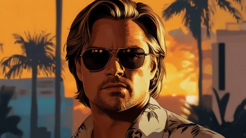 Sunlit sunglasses portrait in stylized tropical sunset glow.