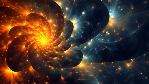 Fractal solar vortex swirling through cosmic darkness.