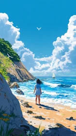 Girl in a blue dress greeting a bright summer shoreline.