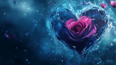 Digital Rose Heart With Ice Crystal Water Effect.