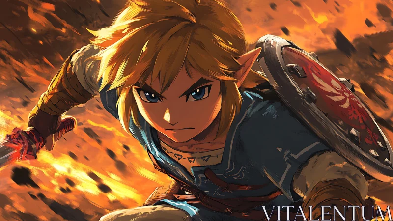 Blond elf warrior charges through roaring embers of battle.