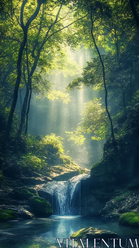Forest Waterfall Stream Through Canopy Light
