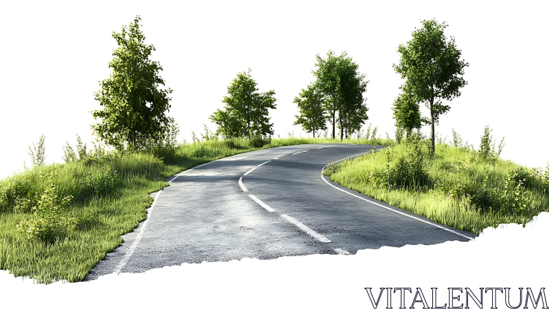 Curving country road winds through bright green hillside meadow.
