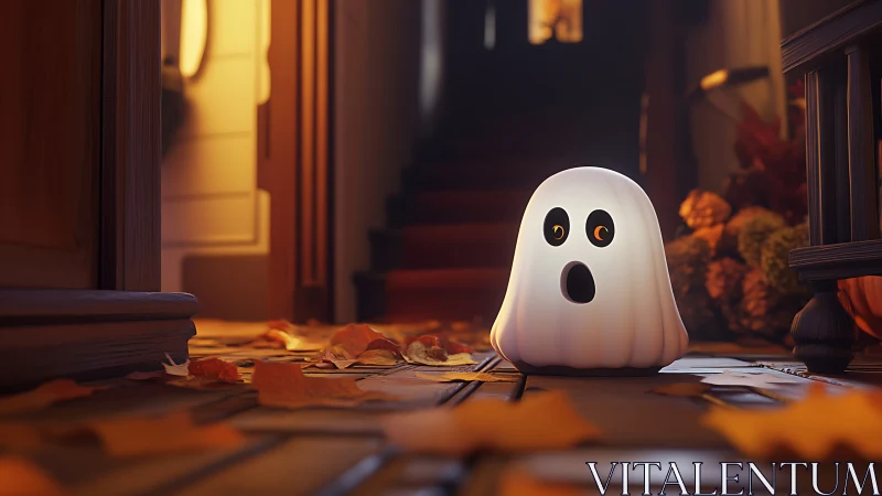 Cute glowing ghost decor brightens cozy autumn doorway.