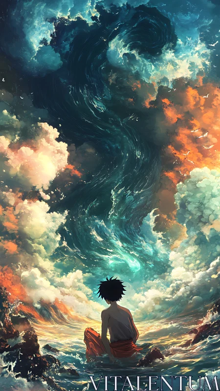 Solitary figure confronts a swirling celestial ocean sky