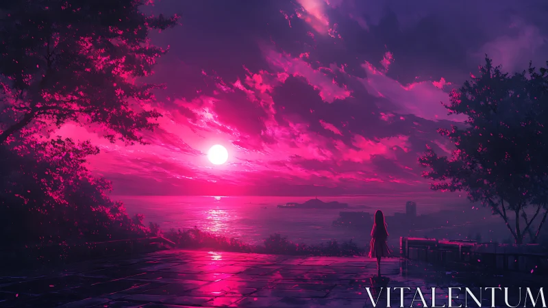 Girl watches neon magenta sunset over distant ocean pier