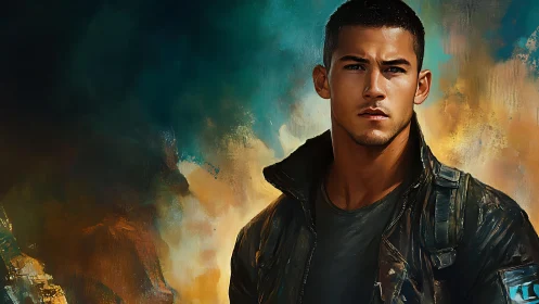 Brooding young soldier stands before blazing abstract sky