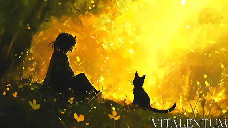 Golden forest glow welcomes a quiet girl and her cat