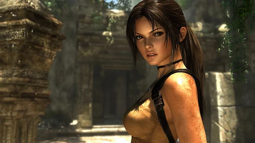 Female explorer rendered in 3D before ancient stone ruins.