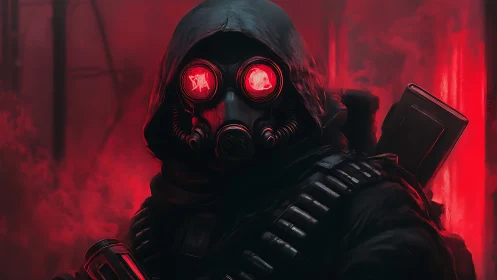 Tactical respirator operative in red-luminescent toxic haze.