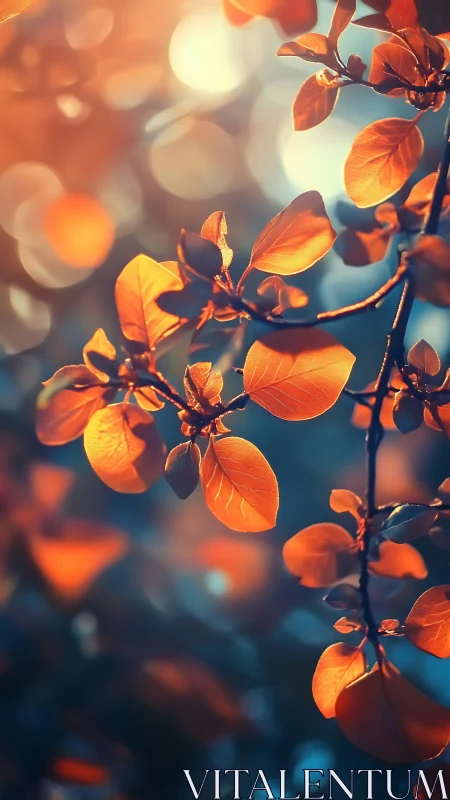 Golden dusk leaves aglow in dreamy soft forest light.