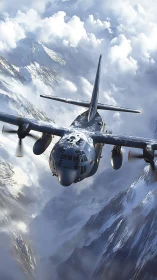 Military transport aircraft cuts through dense alpine cloud bank