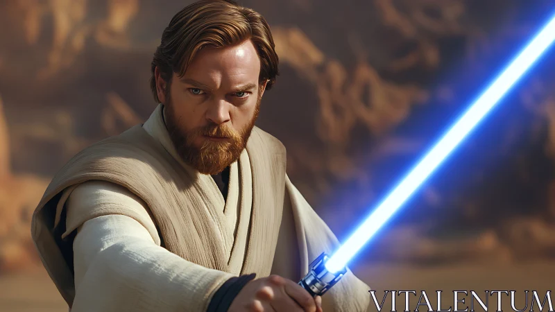 Jedi warrior with blue energy blade in desert environment.