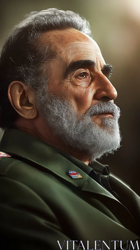 Elderly officer in profile rendered with hyperreal skin detail