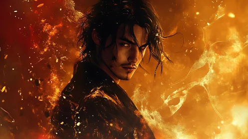 Volumetric firelit portrait of brooding arcane swordsman.