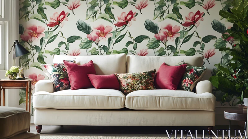 Floral wallpapered living room features neutral sofa and plants