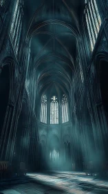 Gothic cathedral interior with ethereal volumetric light.