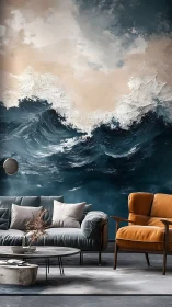 Textured ocean mural anchors contemporary lounge with tonal contrast