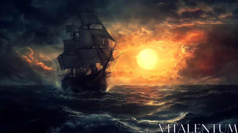 Storm-tossed galleon sails toward a blazing sunset horizon