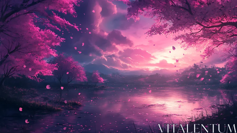 Digital sunset landscape shows pink foliage over still lake