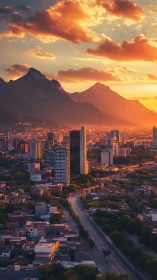 Sunlit mountain city skyline glows under dramatic sunset clouds