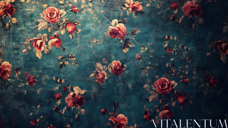 Textured teal floral ground with scattered vintage rose clusters.