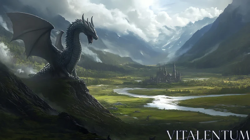 Dragon overlooking castle valley in misty mountain landscape.