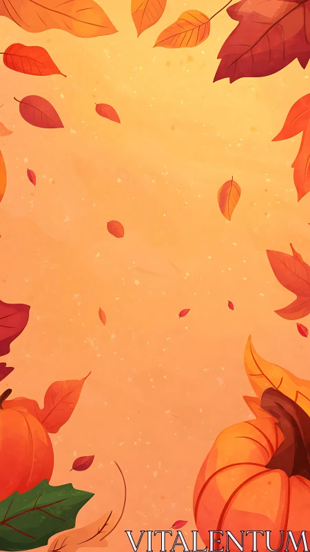 Autumn leaves and pumpkins on warm orange background.